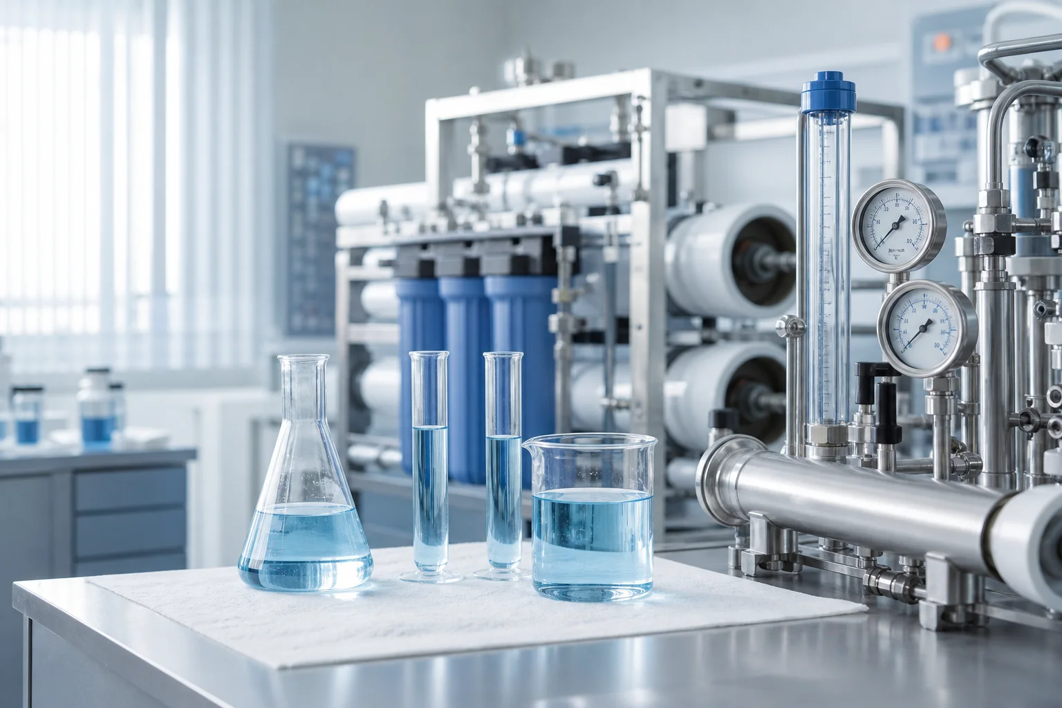 Laboratório técnico com amostras de água e componentes de equipamentos para tratamento