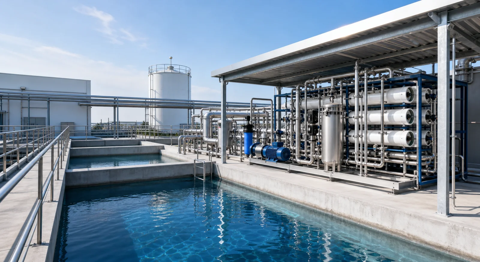 Sistema industrial de tratamento de águas com tanques, tubulações e unidade de osmose reversa